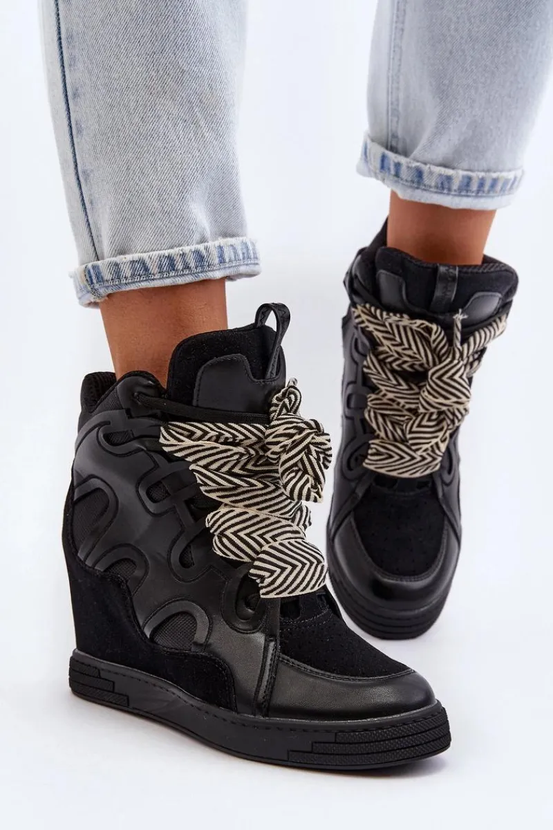 Sneakersy Damskie>Boto Damskie Sneakersy Na Koturnie Czarne Leoppa