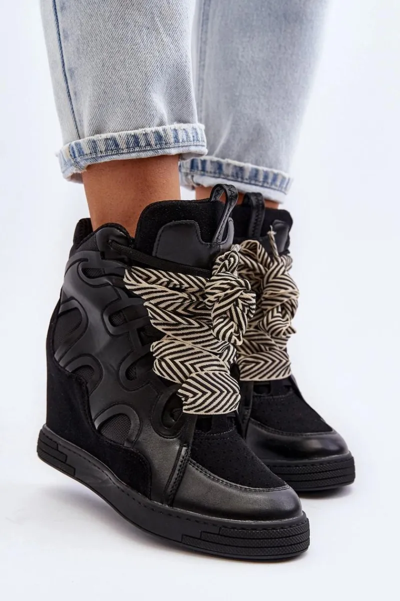 Sneakersy Damskie>Boto Damskie Sneakersy Na Koturnie Czarne Leoppa