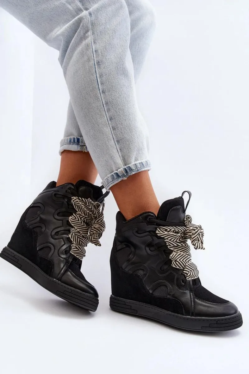 Sneakersy Damskie>Boto Damskie Sneakersy Na Koturnie Czarne Leoppa