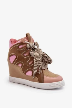 Sneakersy Damskie></noscript>Boto Damskie Sneakersy Na Koturnie Różowe Leoppa Różowy