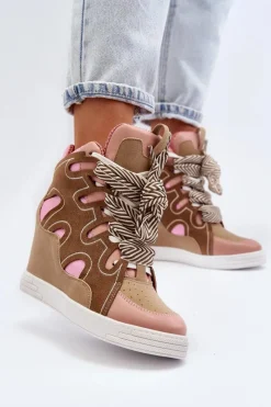 Sneakersy Damskie></noscript>Boto Damskie Sneakersy Na Koturnie Różowe Leoppa Różowy