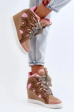 Sneakersy Damskie></noscript>Boto Damskie Sneakersy Na Koturnie Różowe Leoppa Różowy