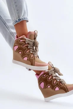 Sneakersy Damskie></noscript>Boto Damskie Sneakersy Na Koturnie Różowe Leoppa Różowy