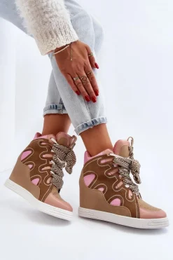 Sneakersy Damskie></noscript>Boto Damskie Sneakersy Na Koturnie Różowe Leoppa Różowy
