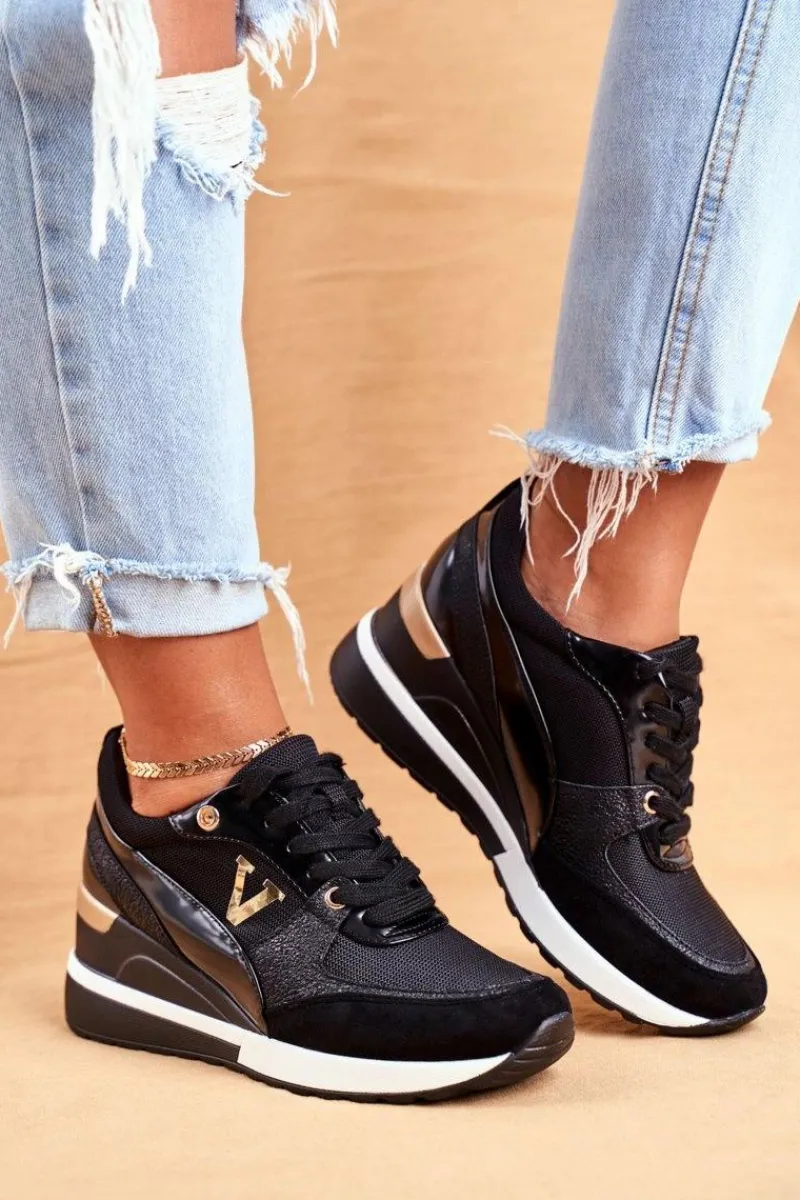 New Damskie Sneakersy Na Koturnie Czarne Isla Damskie Sneakersy Damskie