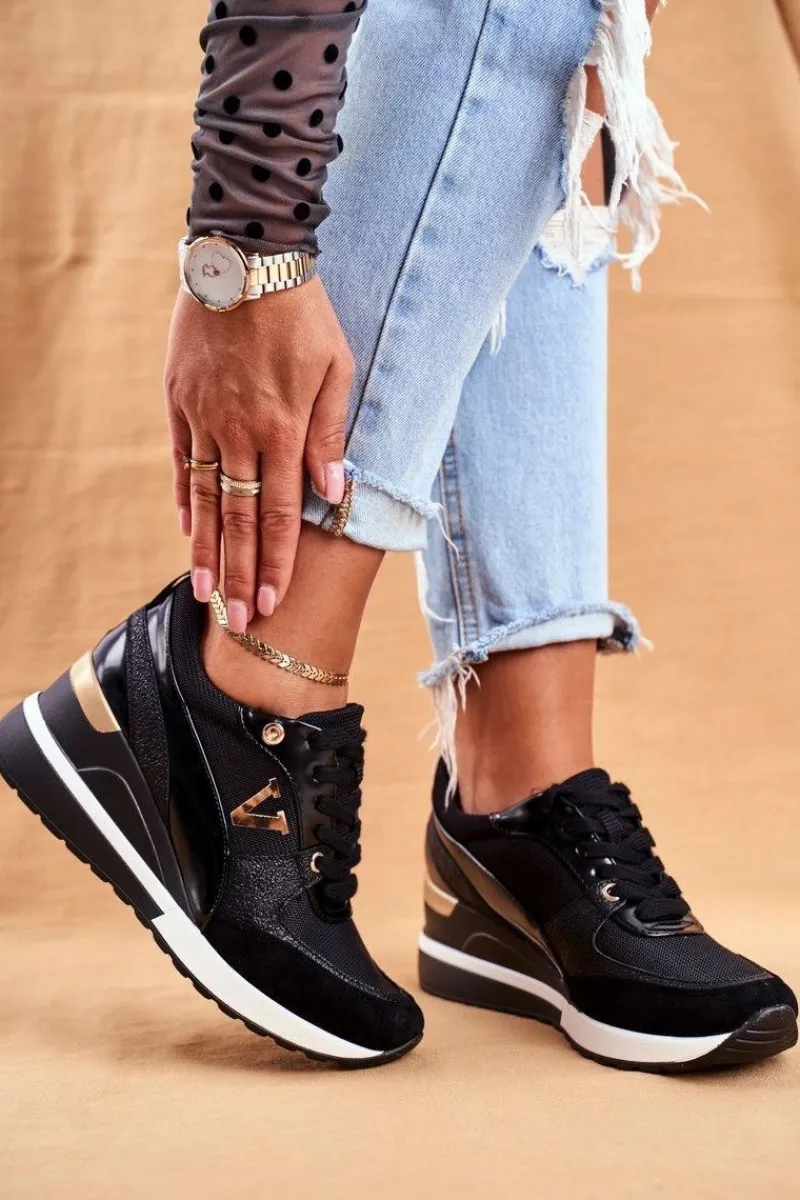 New Damskie Sneakersy Na Koturnie Czarne Isla Damskie Sneakersy Damskie