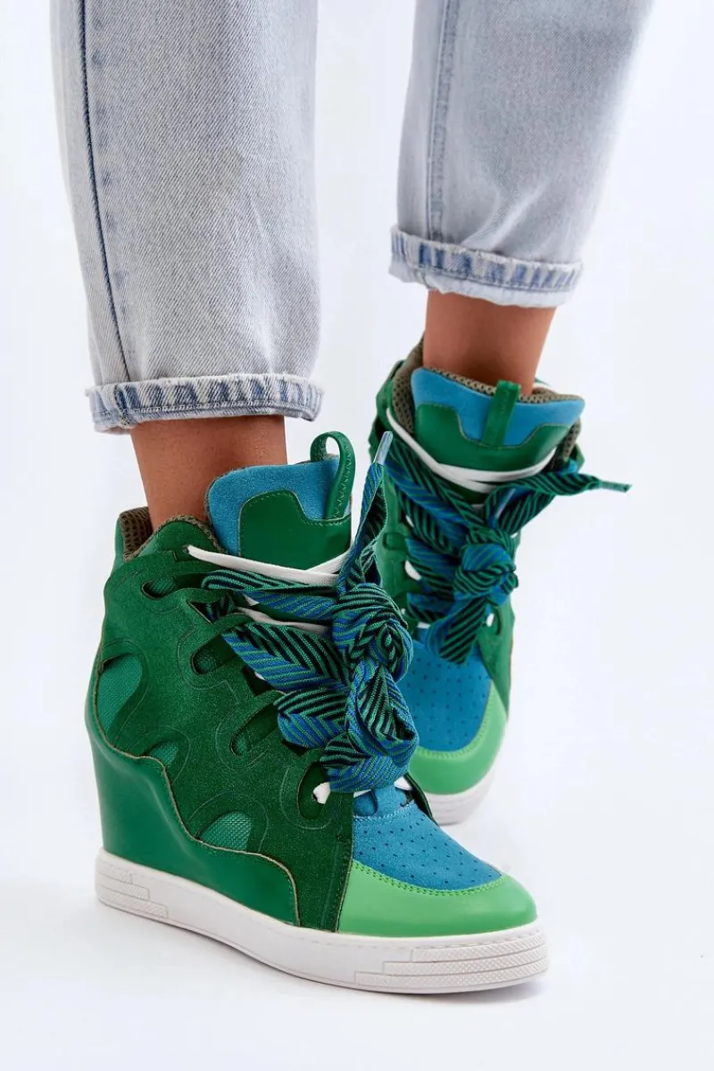 Sneakersy Damskie>Boto Damskie Sneakersy Na Koturnie Zielone Leoppa