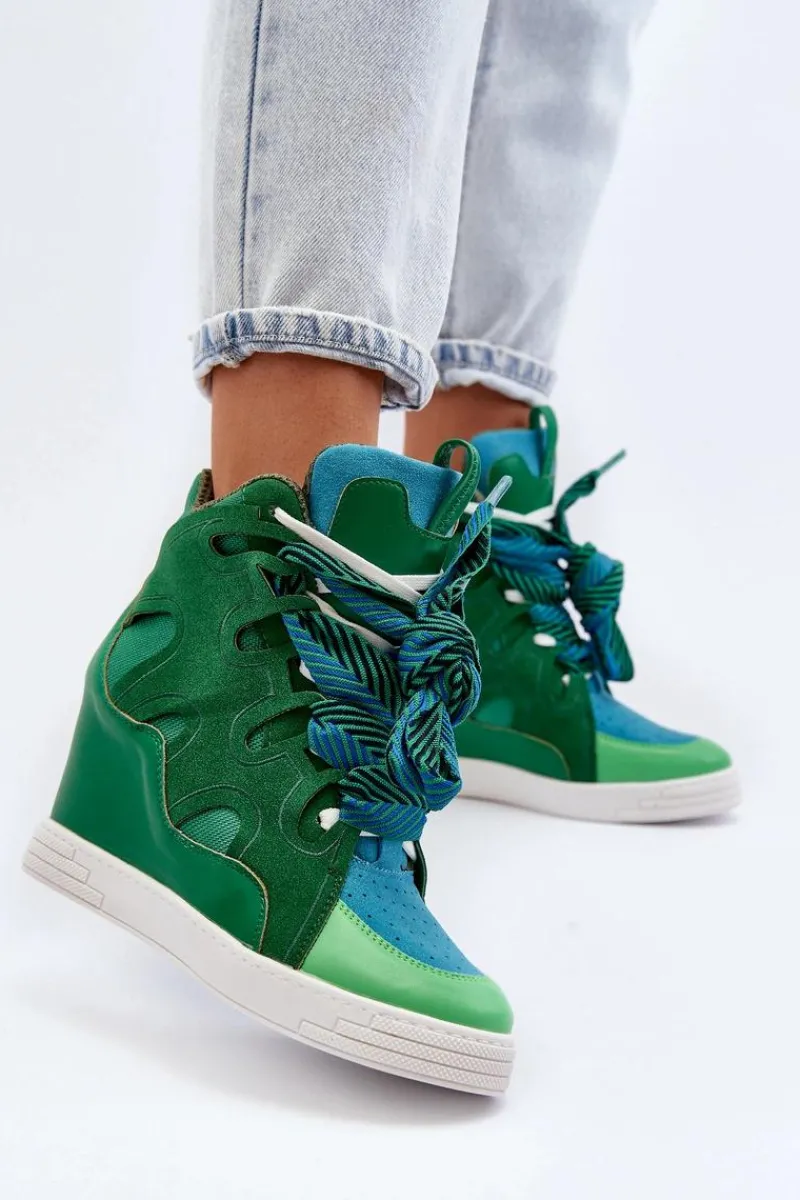 Sneakersy Damskie>Boto Damskie Sneakersy Na Koturnie Zielone Leoppa