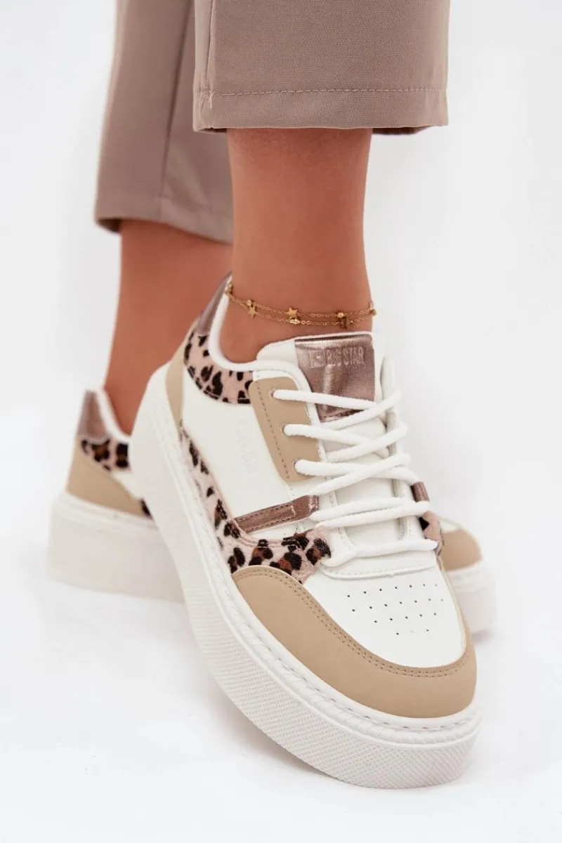 Buty Sportowe Big Star|Sneakersy Damskie>Big Star Shoes Damskie Sneakersy Na Platformie Big Star SS274357 Panterka Biało-Beżowe
