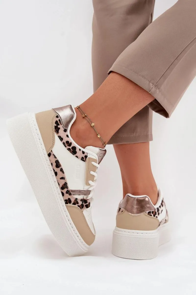 Buty Sportowe Big Star|Sneakersy Damskie>Big Star Shoes Damskie Sneakersy Na Platformie Big Star SS274357 Panterka Biało-Beżowe