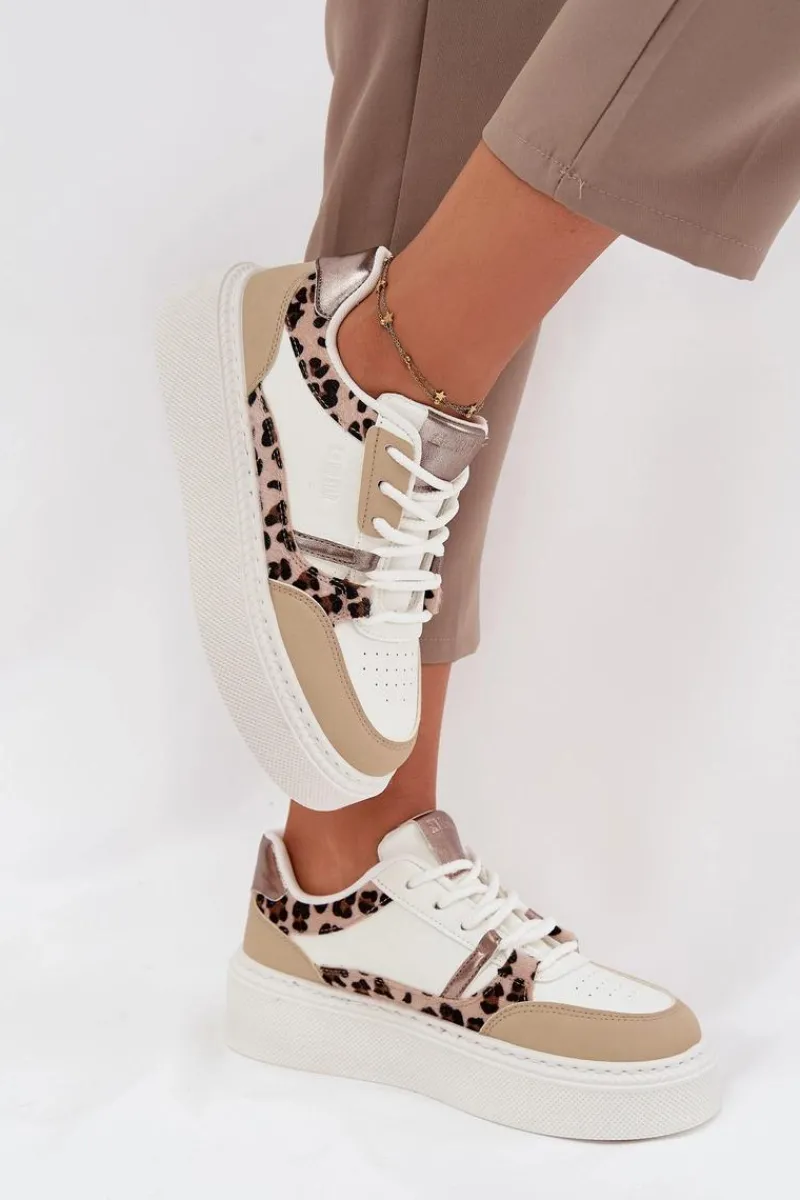Buty Sportowe Big Star|Sneakersy Damskie>Big Star Shoes Damskie Sneakersy Na Platformie Big Star SS274357 Panterka Biało-Beżowe