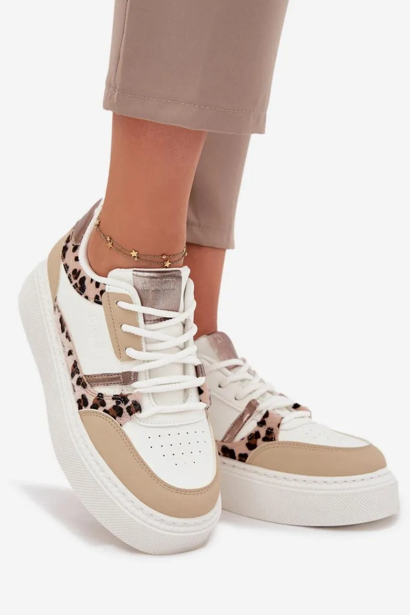 Buty Sportowe Big Star|Sneakersy Damskie>Big Star Shoes Damskie Sneakersy Na Platformie Big Star SS274357 Panterka Biało-Beżowe