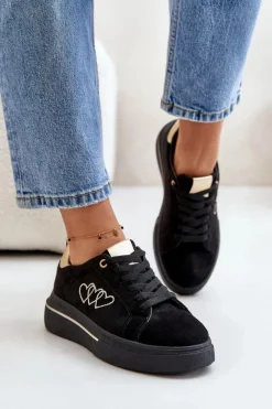 Best Damskie Sneakersy Na Platformie Z Sercami Czarne Avirorae Damskie Buty Sportowe Na Platformie|Sneakersy Damskie