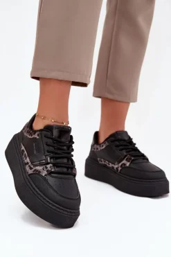 Outlet Big Star Shoes Damskie Sneakersy Na Platformie Big Star SS274358 Panterka Czarne Czarny