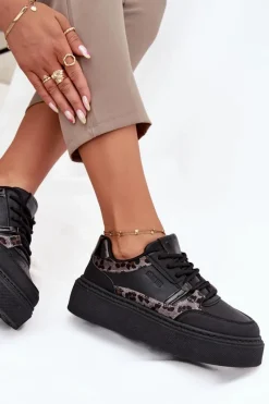 Outlet Big Star Shoes Damskie Sneakersy Na Platformie Big Star SS274358 Panterka Czarne Czarny