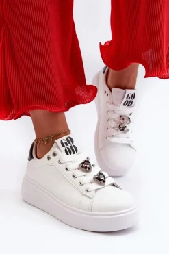 Sneakersy Damskie|Buty Sportowe Na Platformie>Boto Damskie Sneakersy Na Platformie Z Przypinkami Sercami Białe Azamia