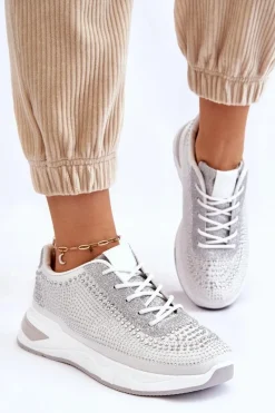 Buty Sportowe Na Platformie|Sneakersy Damskie></noscript>Boto Damskie Sneakersy Z Cyrkoniami Białe Raiden