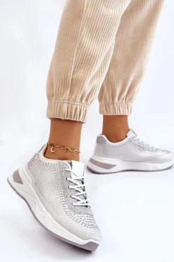 Buty Sportowe Na Platformie|Sneakersy Damskie></noscript>Boto Damskie Sneakersy Z Cyrkoniami Białe Raiden