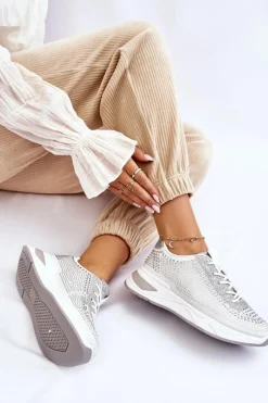 Buty Sportowe Na Platformie|Sneakersy Damskie></noscript>Boto Damskie Sneakersy Z Cyrkoniami Białe Raiden