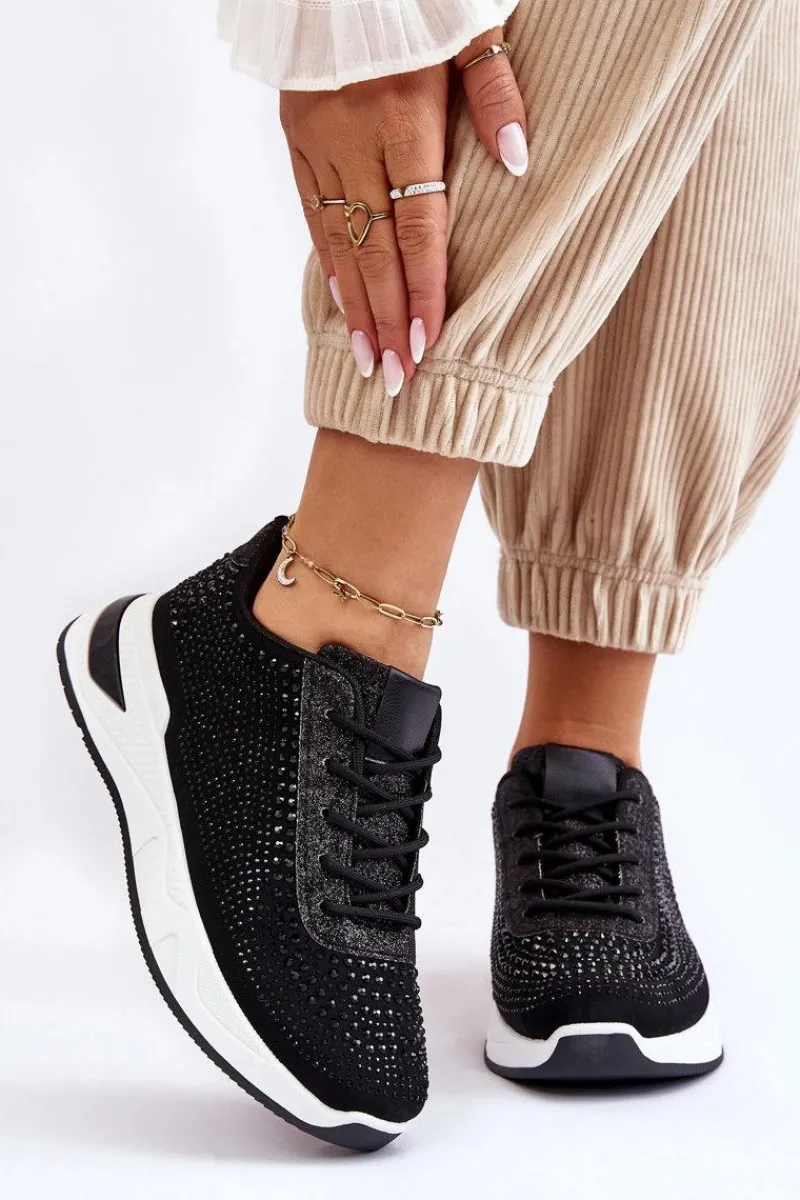 Sale Boto Damskie Sneakersy Z Cyrkoniami Czarne Raiden