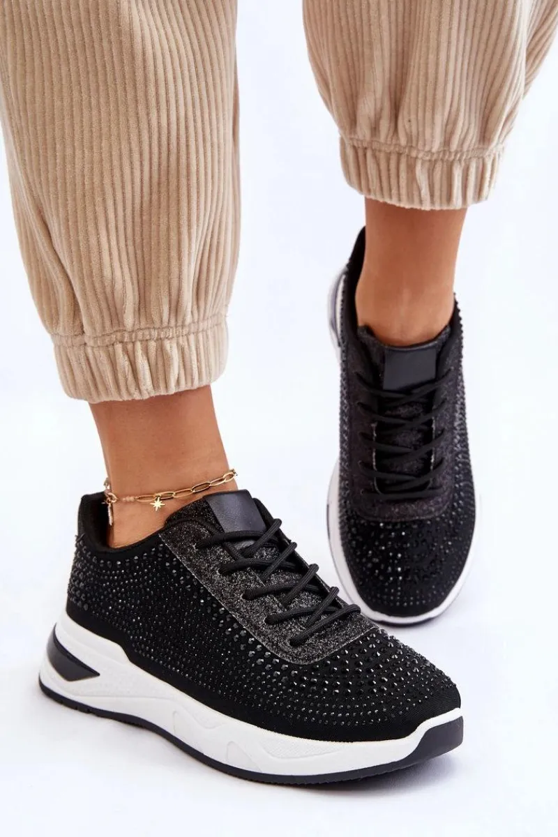 Sale Boto Damskie Sneakersy Z Cyrkoniami Czarne Raiden