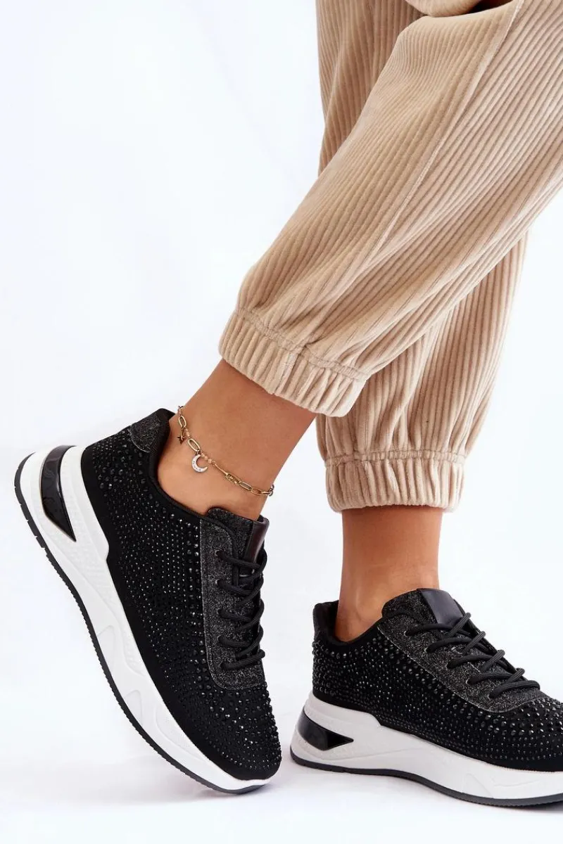 Sale Boto Damskie Sneakersy Z Cyrkoniami Czarne Raiden