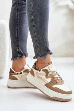 Sneakersy Damskie>Boto Damskie Sneakersy Z Eko Skóry Na Platformie Panterka Beżowe Henizore Beżowy