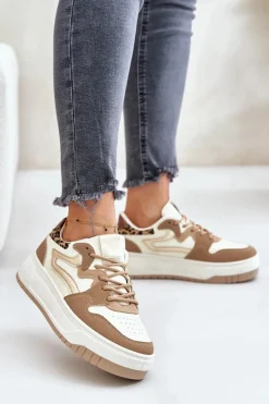 Sneakersy Damskie>Boto Damskie Sneakersy Z Eko Skóry Na Platformie Panterka Beżowe Henizore Beżowy