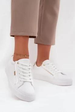 Hot Damskie Sneakersy Z Eko Skóry Big Star SS274026 Biało-Złote Damskie Trampki Damskie Big Star|Buty Sportowe Big Star