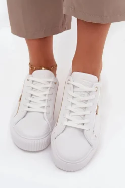 Hot Damskie Sneakersy Z Eko Skóry Big Star SS274026 Biało-Złote Damskie Trampki Damskie Big Star|Buty Sportowe Big Star