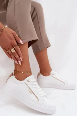 Hot Damskie Sneakersy Z Eko Skóry Big Star SS274026 Biało-Złote Damskie Trampki Damskie Big Star|Buty Sportowe Big Star