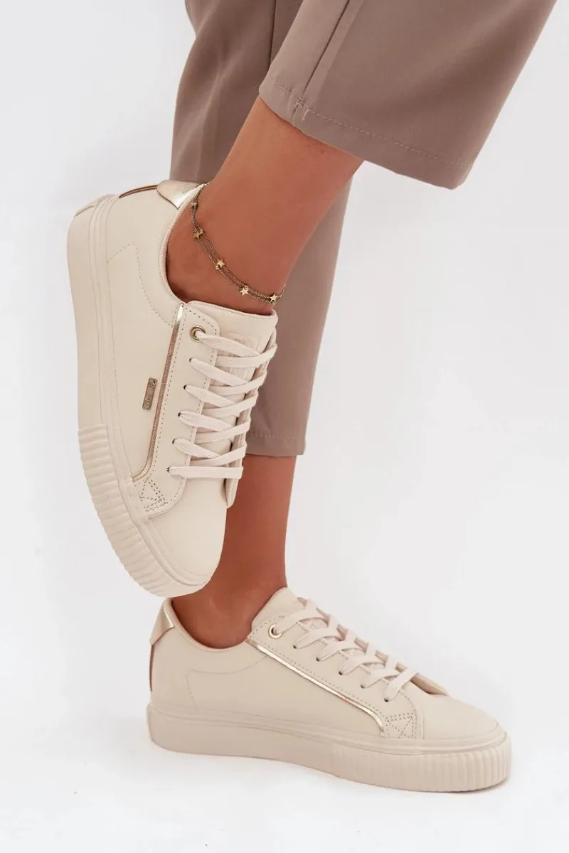 Best Big Star Shoes Damskie Sneakersy Z Eko Skóry Big Star SS274027 Beżowo-Złote Beżowy