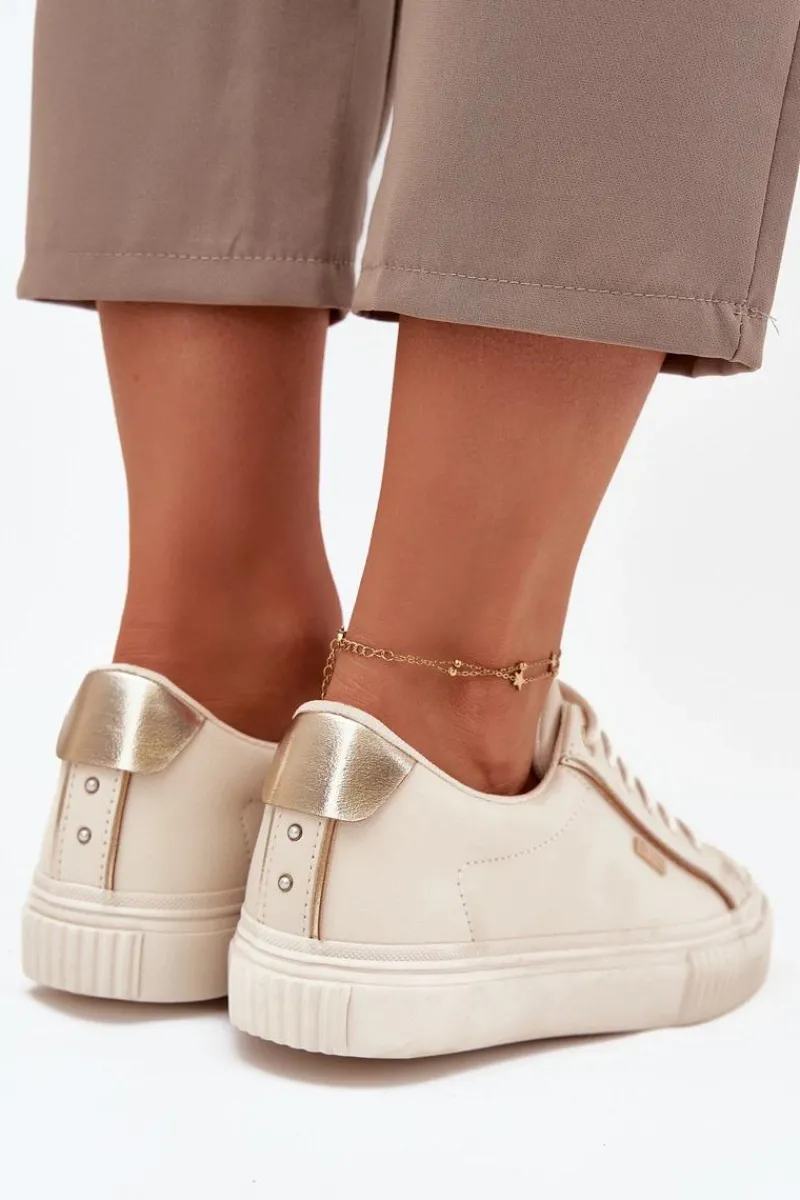 Best Big Star Shoes Damskie Sneakersy Z Eko Skóry Big Star SS274027 Beżowo-Złote Beżowy