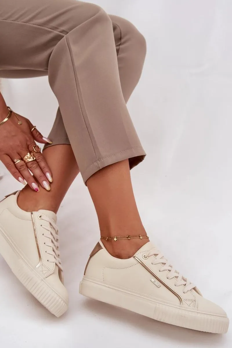 Best Big Star Shoes Damskie Sneakersy Z Eko Skóry Big Star SS274027 Beżowo-Złote Beżowy