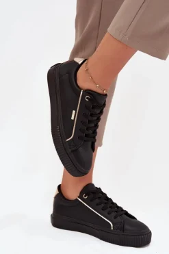 Trampki Damskie Big Star|Buty Sportowe Big Star>Big Star Shoes Damskie Sneakersy Z Eko Skóry Big Star SS274025 Czarno-Złote Czarny