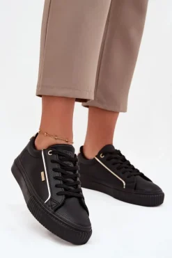 Trampki Damskie Big Star|Buty Sportowe Big Star>Big Star Shoes Damskie Sneakersy Z Eko Skóry Big Star SS274025 Czarno-Złote Czarny