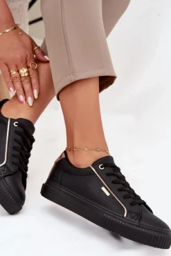 Trampki Damskie Big Star|Buty Sportowe Big Star></noscript>Big Star Shoes Damskie Sneakersy Z Eko Skóry Big Star SS274025 Czarno-Złote Czarny