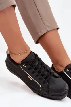 Trampki Damskie Big Star|Buty Sportowe Big Star></noscript>Big Star Shoes Damskie Sneakersy Z Eko Skóry Big Star SS274025 Czarno-Złote Czarny