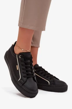 Trampki Damskie Big Star|Buty Sportowe Big Star></noscript>Big Star Shoes Damskie Sneakersy Z Eko Skóry Big Star SS274025 Czarno-Złote Czarny