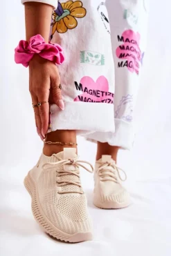 Damskie Sportowe Buty Sneakersy Materiałowe Jasnobeżowe Storia Damskie Buty Sportowe Na Platformie