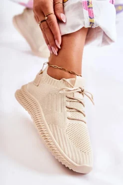 Damskie Sportowe Buty Sneakersy Materiałowe Jasnobeżowe Storia Damskie Buty Sportowe Na Platformie