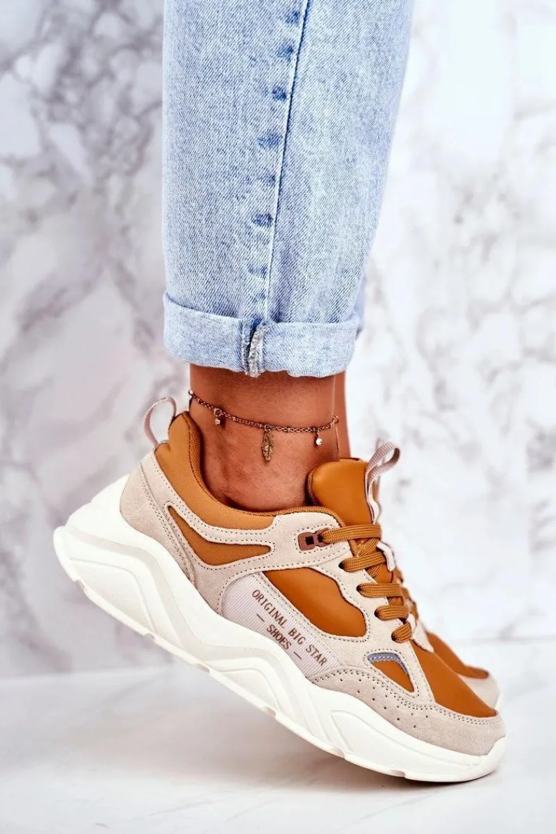 Trampki Damskie Big Star|Big Star>Big Star Shoes Damskie Sportowe Buty Sneakersy Big Star GG274653 Beżowo-Brązowe