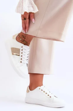 Sale Damskie Sportowe Buty Z Dżetami Biało-Złote Axelle Damskie Buty Sportowe Na Platformie|Sneakersy Damskie