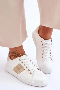 Sale Damskie Sportowe Buty Z Dżetami Biało-Złote Axelle Damskie Buty Sportowe Na Platformie|Sneakersy Damskie
