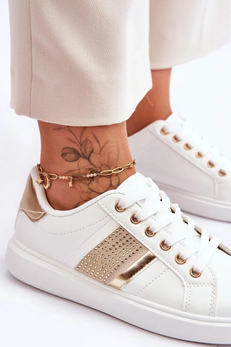 Sale Damskie Sportowe Buty Z Dżetami Biało-Złote Axelle Damskie Buty Sportowe Na Platformie|Sneakersy Damskie