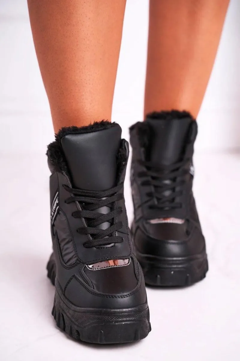 Śniegowce Damskie|Botki Sznurowane>Boto Damskie Sportowe Śniegowce Z Futerkiem Czarne Euphoria