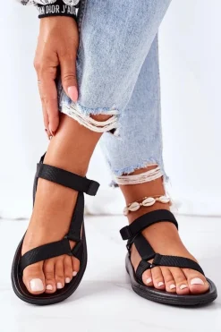 Sandały Płaskie>Boto Damskie Sportowe Sandały Na Rzepy Czarne Ultimate Czarny