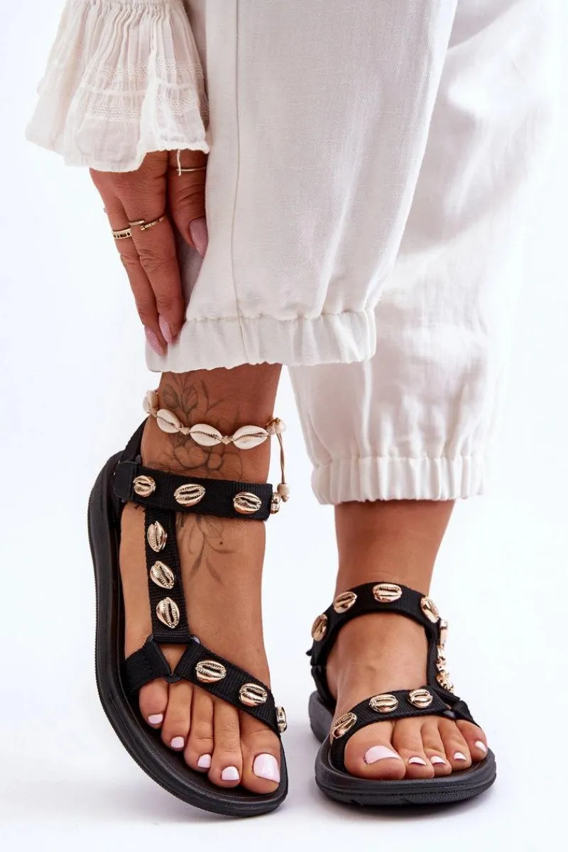 Damskie Sportowe Sandały Ozdobne Złote Muszle Czarne Conner Damskie Sandały Płaskie