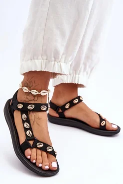 Damskie Sportowe Sandały Ozdobne Złote Muszle Czarne Conner Damskie Sandały Płaskie