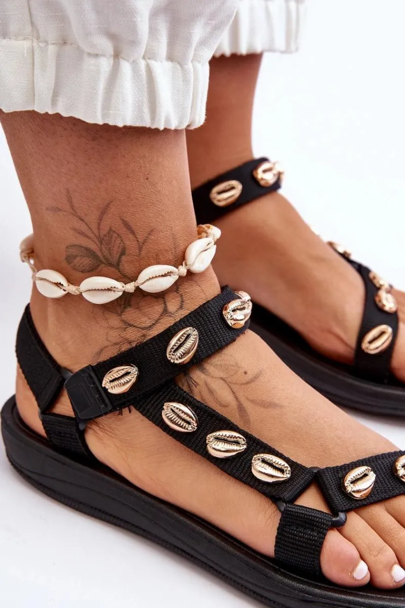 Damskie Sportowe Sandały Ozdobne Złote Muszle Czarne Conner Damskie Sandały Płaskie